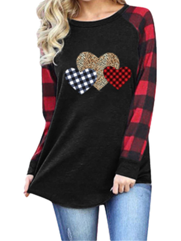 Plaid Leopard Stitching Heart Print Round Neck Long Sleeve T-Shirt-TOPS / DRESSES-[Adult]-[Female]-2022 Online Blue Zone Planet