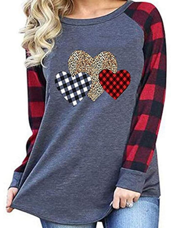 Plaid Leopard Stitching Heart Print Round Neck Long Sleeve T-Shirt-TOPS / DRESSES-[Adult]-[Female]-Grey-S-2022 Online Blue Zone Planet