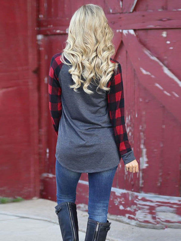 Plaid Leopard Stitching Heart Print Round Neck Long Sleeve T-Shirt-TOPS / DRESSES-[Adult]-[Female]-2022 Online Blue Zone Planet
