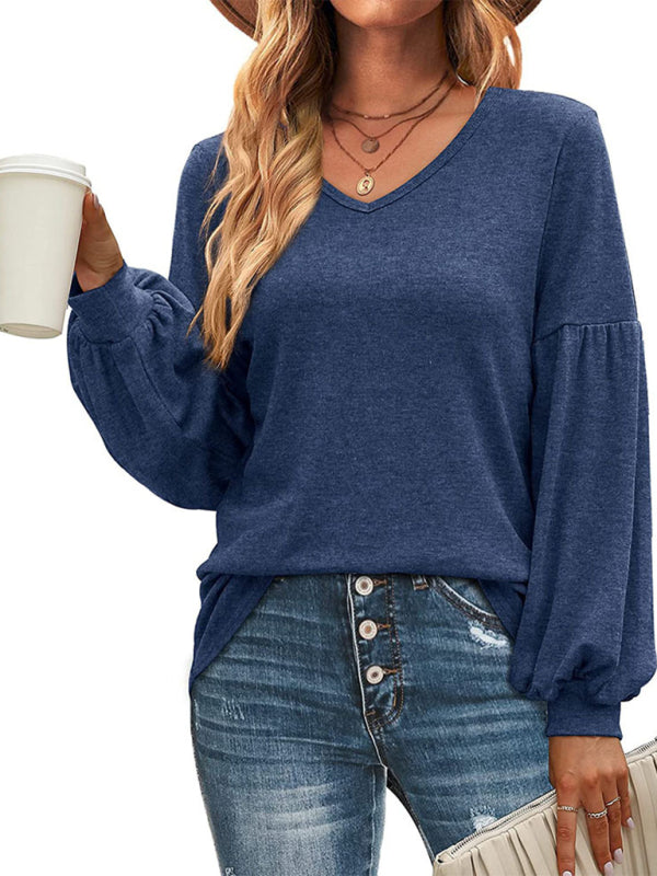 Loose pleated puff sleeve V-neck long-sleeved T-shirt-[Adult]-[Female]-Blue-S-2022 Online Blue Zone Planet
