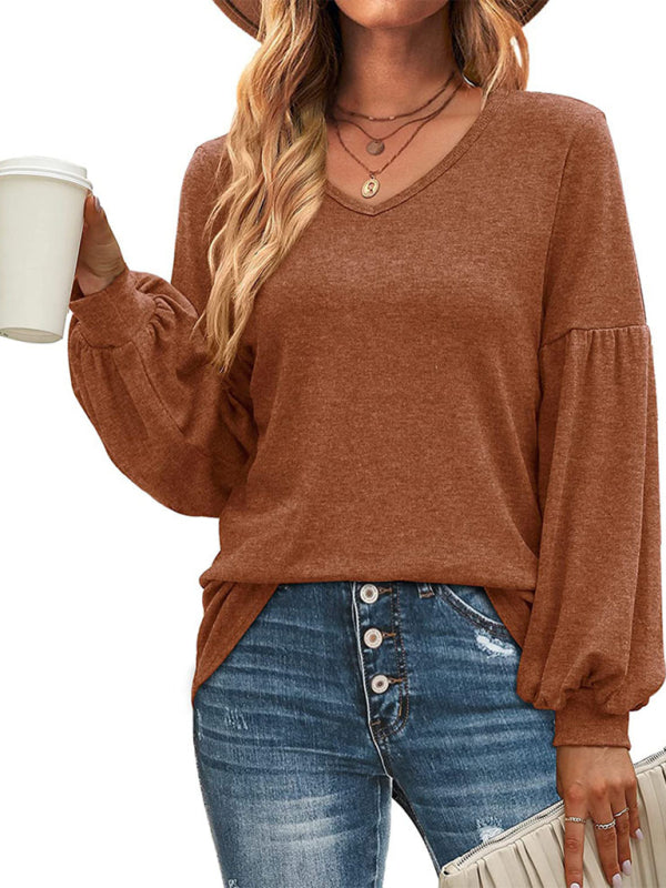 Loose pleated puff sleeve V-neck long-sleeved T-shirt-[Adult]-[Female]-Brown-S-2022 Online Blue Zone Planet