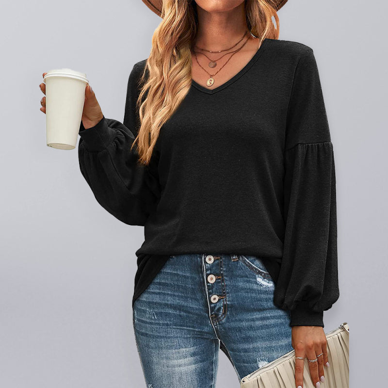 Loose pleated puff sleeve V-neck long-sleeved T-shirt-[Adult]-[Female]-Black-S-2022 Online Blue Zone Planet