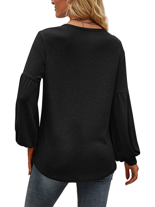Loose pleated puff sleeve V-neck long-sleeved T-shirt-[Adult]-[Female]-2022 Online Blue Zone Planet