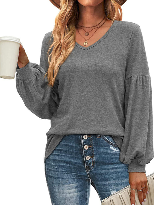 Loose pleated puff sleeve V-neck long-sleeved T-shirt-[Adult]-[Female]-Grey-S-2022 Online Blue Zone Planet