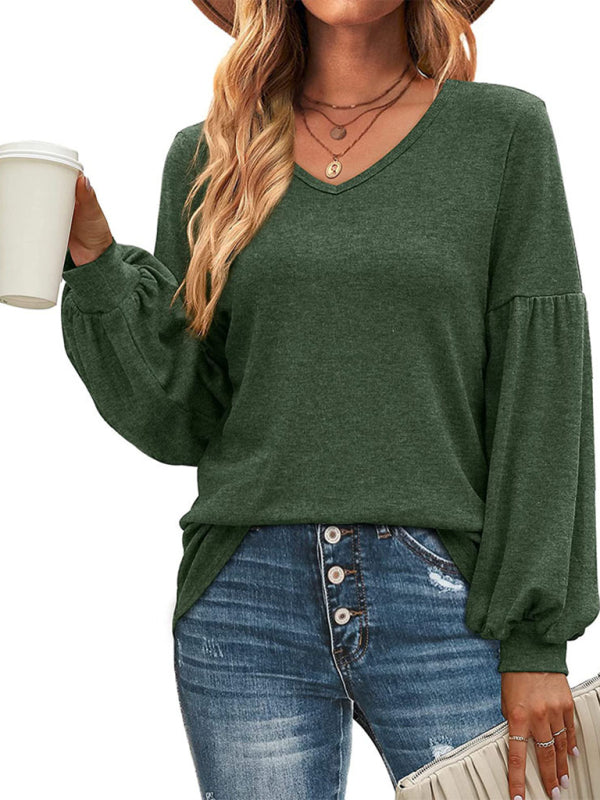 Loose pleated puff sleeve V-neck long-sleeved T-shirt-[Adult]-[Female]-Green-S-2022 Online Blue Zone Planet