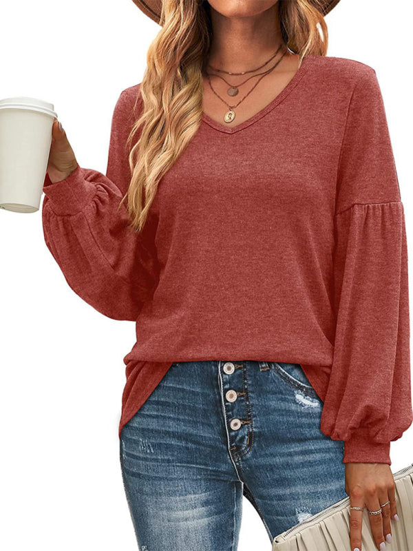 Loose pleated puff sleeve V-neck long-sleeved T-shirt-[Adult]-[Female]-Red-S-2022 Online Blue Zone Planet