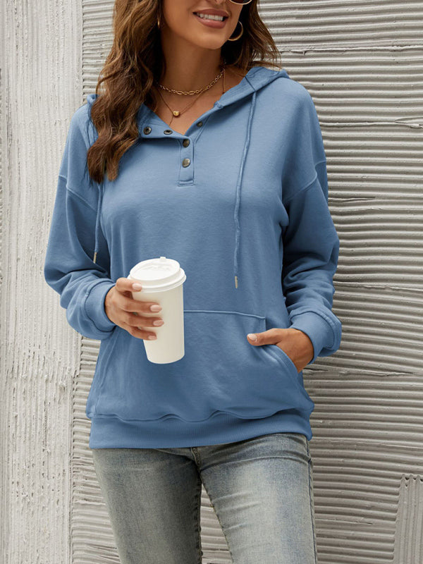 Blue Zone Planet |  Half Cardigan Button Kangaroo Pocket Hoodie BLUE ZONE PLANET