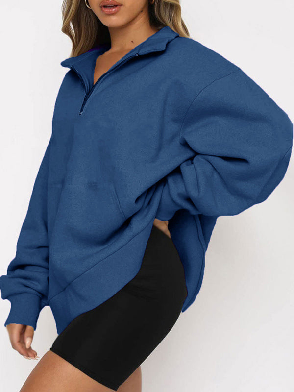 Blue Zone Planet | Pocket Top Half Zip Pullover Long Sleeve Sweatshirt Sweatshirt-[Adult]-[Female]-Blue-S-2022 Online Blue Zone Planet