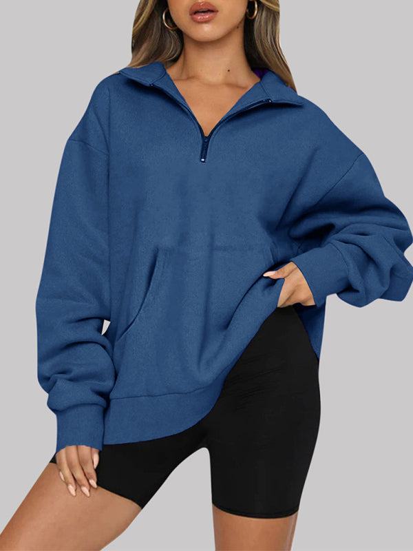 Blue Zone Planet | Pocket Top Half Zip Pullover Long Sleeve Sweatshirt Sweatshirt-[Adult]-[Female]-2022 Online Blue Zone Planet