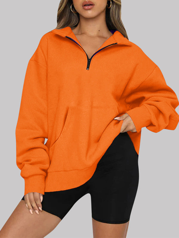 Blue Zone Planet | Pocket Top Half Zip Pullover Long Sleeve Sweatshirt Sweatshirt-[Adult]-[Female]-Orange-S-2022 Online Blue Zone Planet