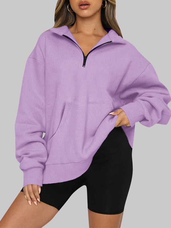 Blue Zone Planet | Pocket Top Half Zip Pullover Long Sleeve Sweatshirt Sweatshirt-[Adult]-[Female]-Purple-S-2022 Online Blue Zone Planet