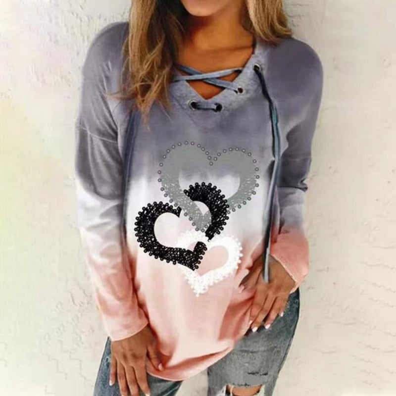 Blue Zone Planet | V-neck tie drawstring love print pullover gradient long-sleeved loose sweater-TOPS / DRESSES-[Adult]-[Female]-2022 Online Blue Zone Planet