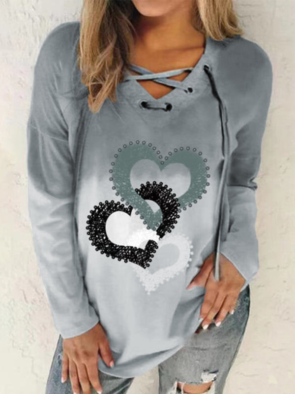 Blue Zone Planet | V-neck tie drawstring love print pullover gradient long-sleeved loose sweater-TOPS / DRESSES-[Adult]-[Female]-Grey-S-2022 Online Blue Zone Planet