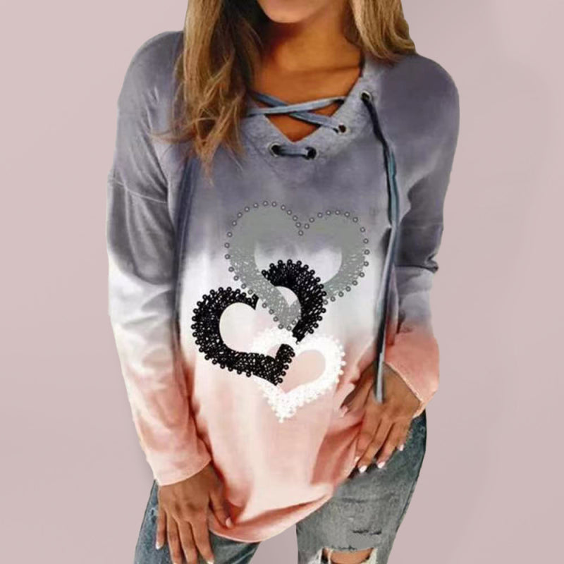 Blue Zone Planet | V-neck tie drawstring love print pullover gradient long-sleeved loose sweater-TOPS / DRESSES-[Adult]-[Female]-Blue-S-2022 Online Blue Zone Planet