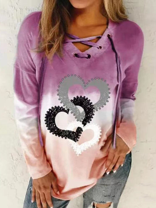 Blue Zone Planet | V-neck tie drawstring love print pullover gradient long-sleeved loose sweater-TOPS / DRESSES-[Adult]-[Female]-Purple-S-2022 Online Blue Zone Planet