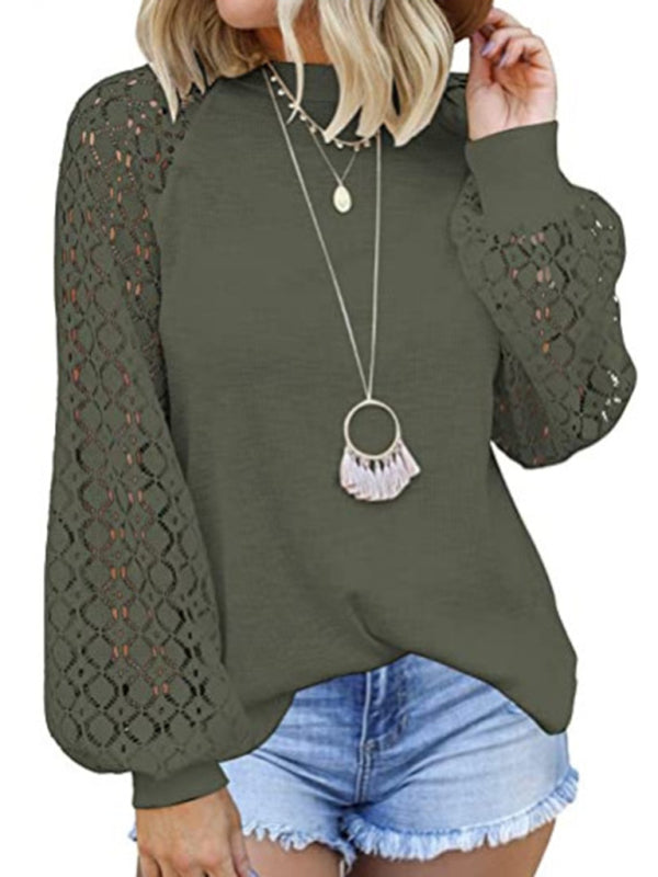 Waffle Round Neck Long Sleeve Lace Panel Loose T-Shirt-[Adult]-[Female]-2022 Online Blue Zone Planet