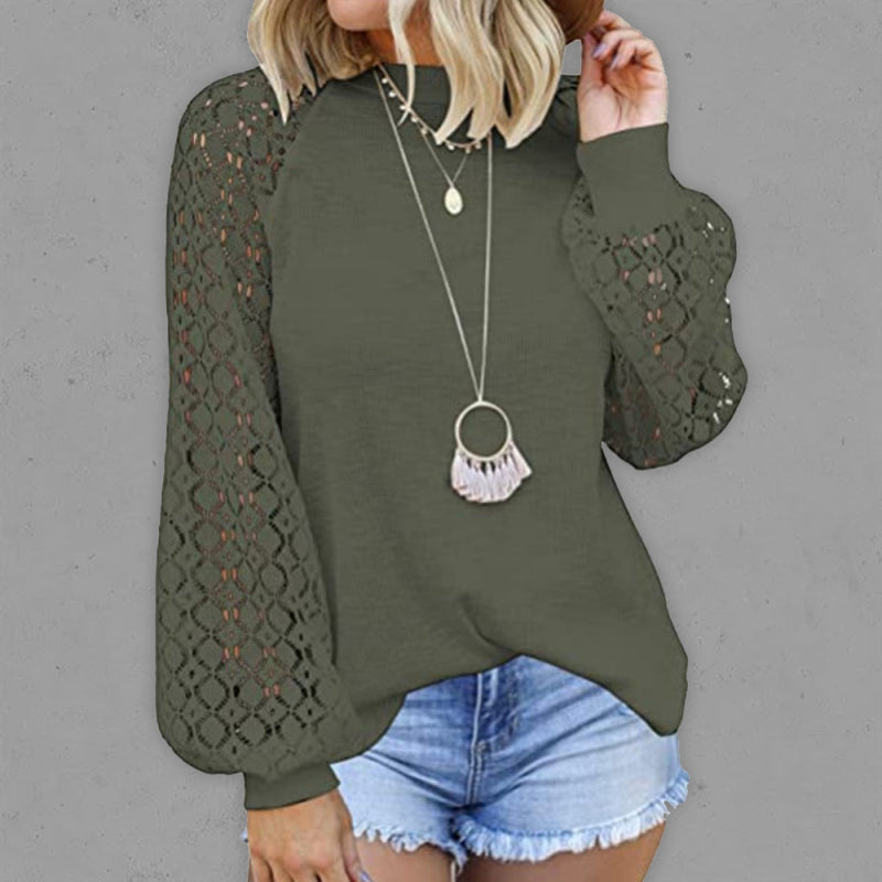 Waffle Round Neck Long Sleeve Lace Panel Loose T-Shirt-[Adult]-[Female]-Olive green-S-2022 Online Blue Zone Planet