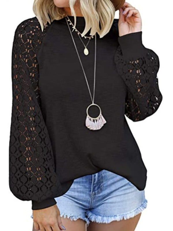 Waffle Round Neck Long Sleeve Lace Panel Loose T-Shirt-[Adult]-[Female]-Black-S-2022 Online Blue Zone Planet