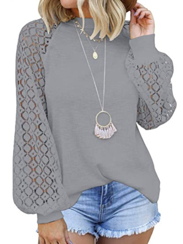 Waffle Round Neck Long Sleeve Lace Panel Loose T-Shirt-[Adult]-[Female]-Grey-S-2022 Online Blue Zone Planet