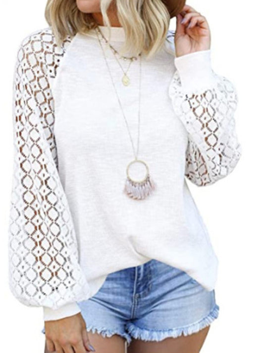 Waffle Round Neck Long Sleeve Lace Panel Loose T-Shirt-[Adult]-[Female]-White-S-2022 Online Blue Zone Planet