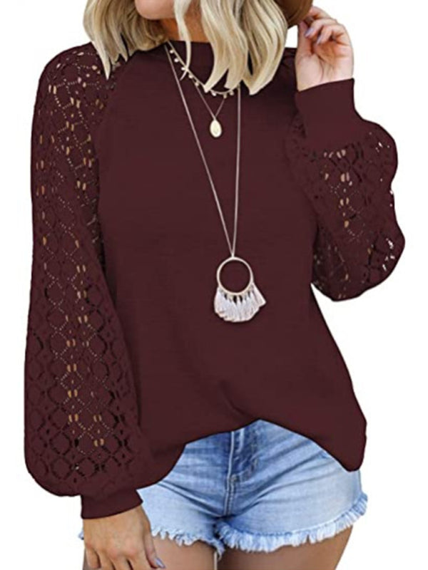 Waffle Round Neck Long Sleeve Lace Panel Loose T-Shirt-[Adult]-[Female]-Wine Red-S-2022 Online Blue Zone Planet
