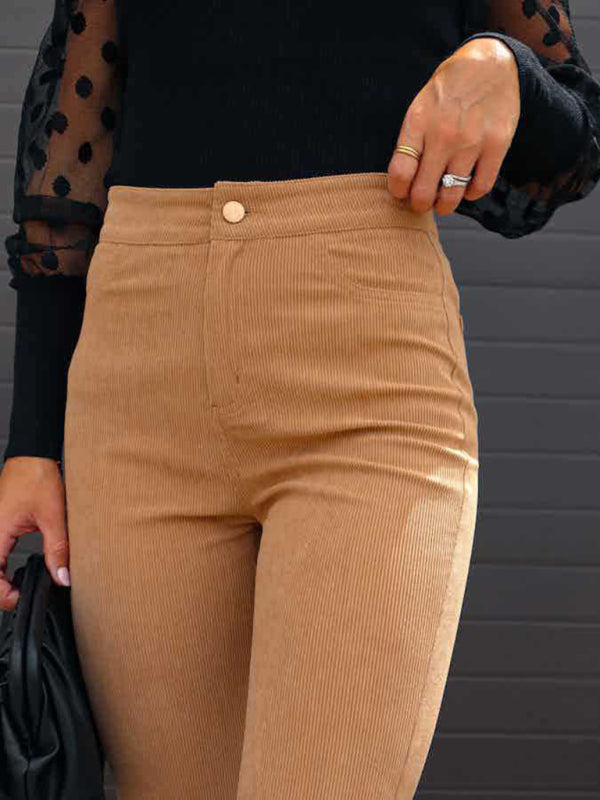 Blue Zone Planet |  Solid Color High Waist Slim Flared Pants Corduroy High Waist Casual Pants BLUE ZONE PLANET