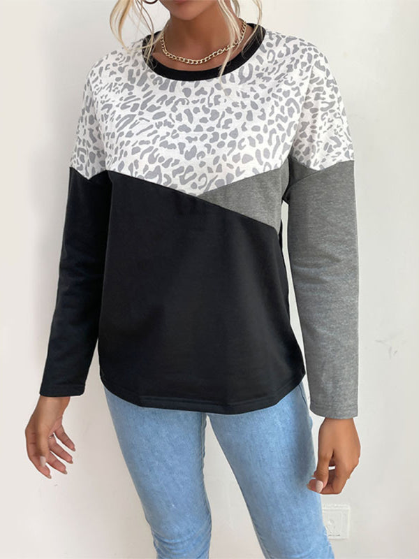 Women's casual style color-block leopard print long-sleeved sweatshirt-[Adult]-[Female]-2022 Online Blue Zone Planet