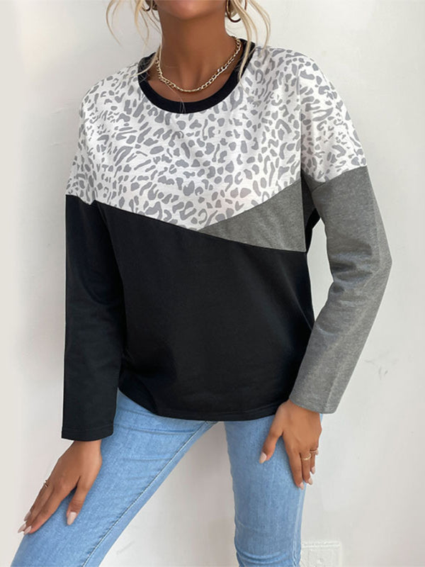 Women's casual style color-block leopard print long-sleeved sweatshirt-[Adult]-[Female]-2022 Online Blue Zone Planet