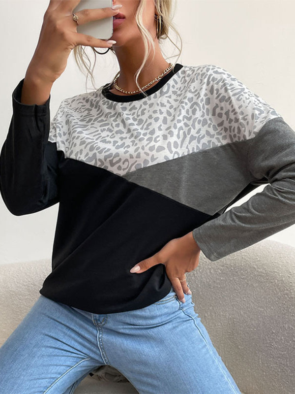 Women's casual style color-block leopard print long-sleeved sweatshirt-[Adult]-[Female]-2022 Online Blue Zone Planet