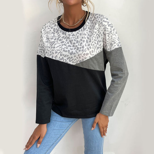 Women's casual style color-block leopard print long-sleeved sweatshirt-[Adult]-[Female]-Black-S-2022 Online Blue Zone Planet