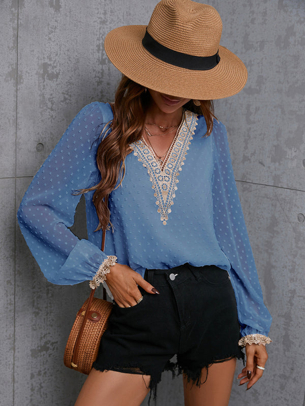 Chiffon solid color stitching lace long-sleeved shirt commuting top BLUE ZONE PLANET