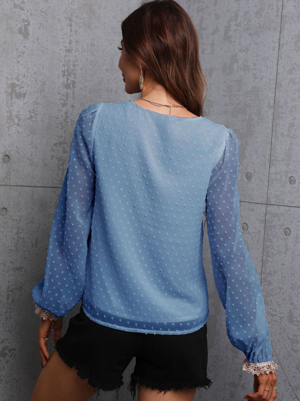 Chiffon solid color stitching lace long-sleeved shirt commuting top BLUE ZONE PLANET