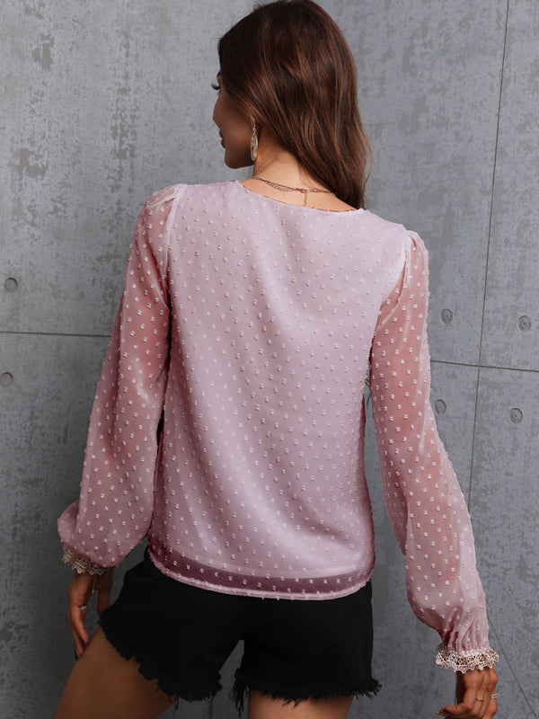 Chiffon solid color stitching lace long-sleeved shirt commuting top BLUE ZONE PLANET