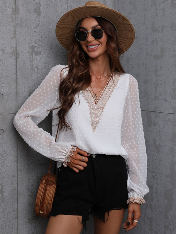 Chiffon solid color stitching lace long-sleeved shirt commuting top BLUE ZONE PLANET