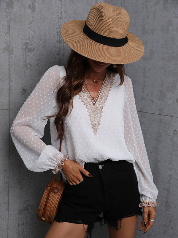 Chiffon solid color stitching lace long-sleeved shirt commuting top BLUE ZONE PLANET