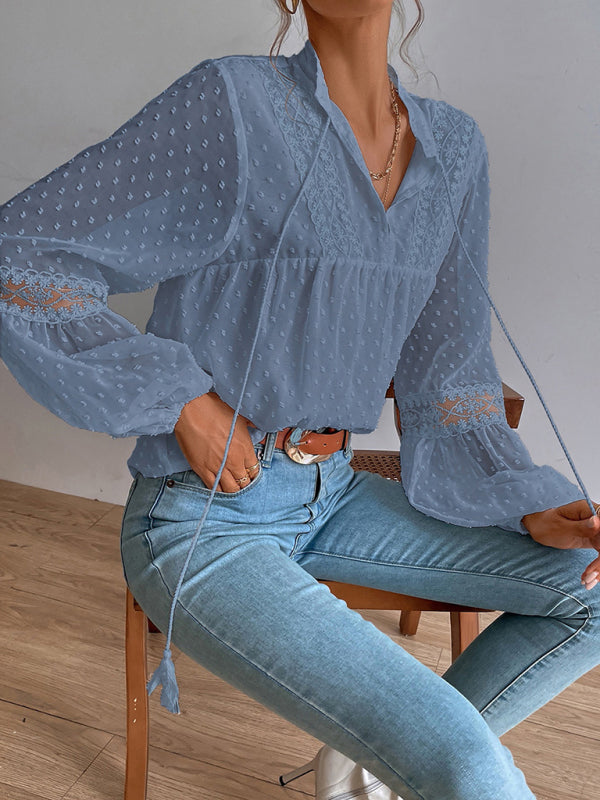 Blue Zone Planet |  Polka Dot Chiffon Lace Panel Loose Commuting Blouse BLUE ZONE PLANET