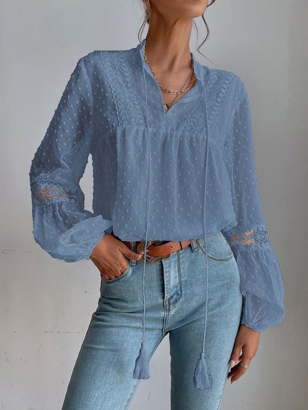 Blue Zone Planet |  Polka Dot Chiffon Lace Panel Loose Commuting Blouse BLUE ZONE PLANET