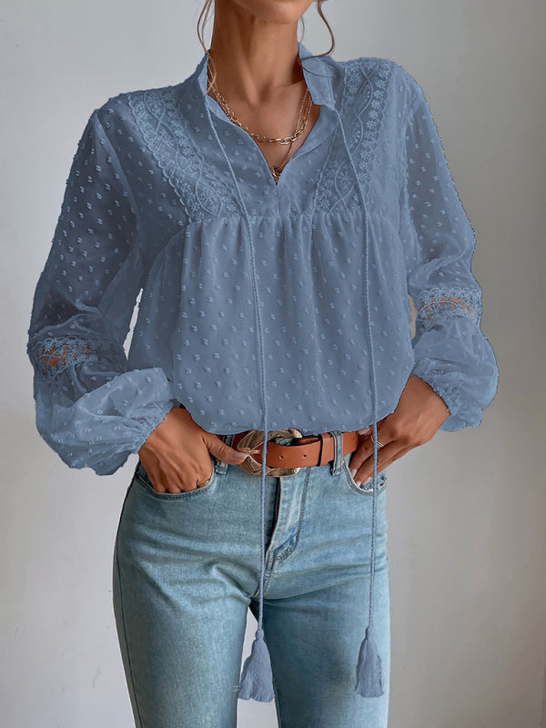 Blue Zone Planet |  Polka Dot Chiffon Lace Panel Loose Commuting Blouse BLUE ZONE PLANET