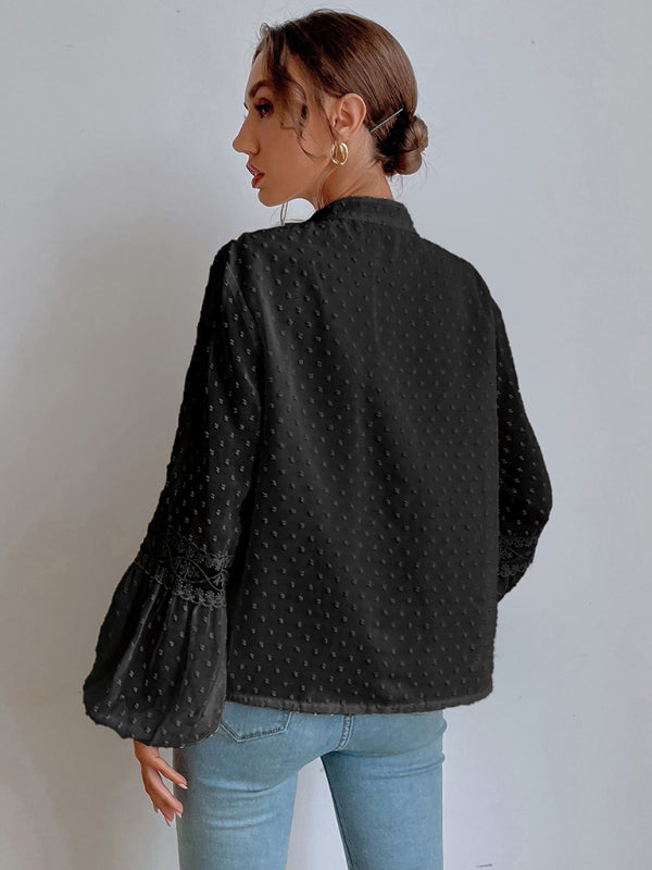 Blue Zone Planet |  Polka Dot Chiffon Lace Panel Loose Commuting Blouse BLUE ZONE PLANET