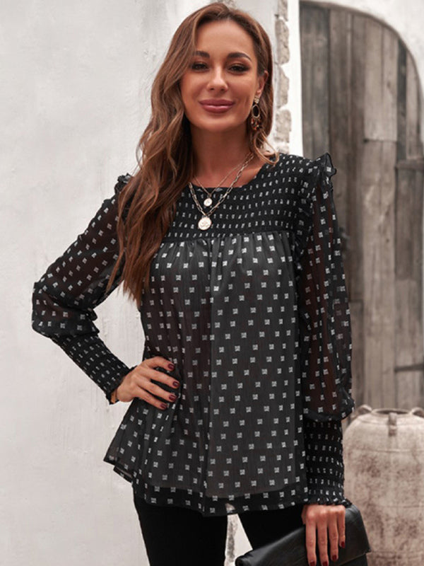 Ruffled Lantern Sleeve Polka Dot Chiffon Shirt Top BLUE ZONE PLANET