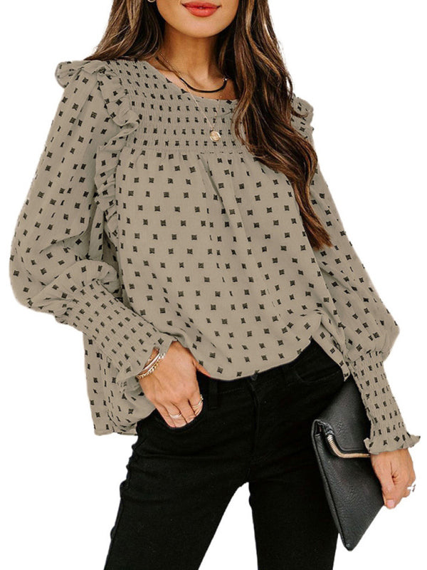 Ruffled Lantern Sleeve Polka Dot Chiffon Shirt Top BLUE ZONE PLANET