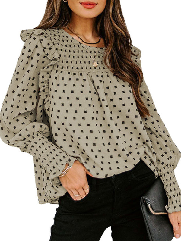 Ruffled Lantern Sleeve Polka Dot Chiffon Shirt Top BLUE ZONE PLANET