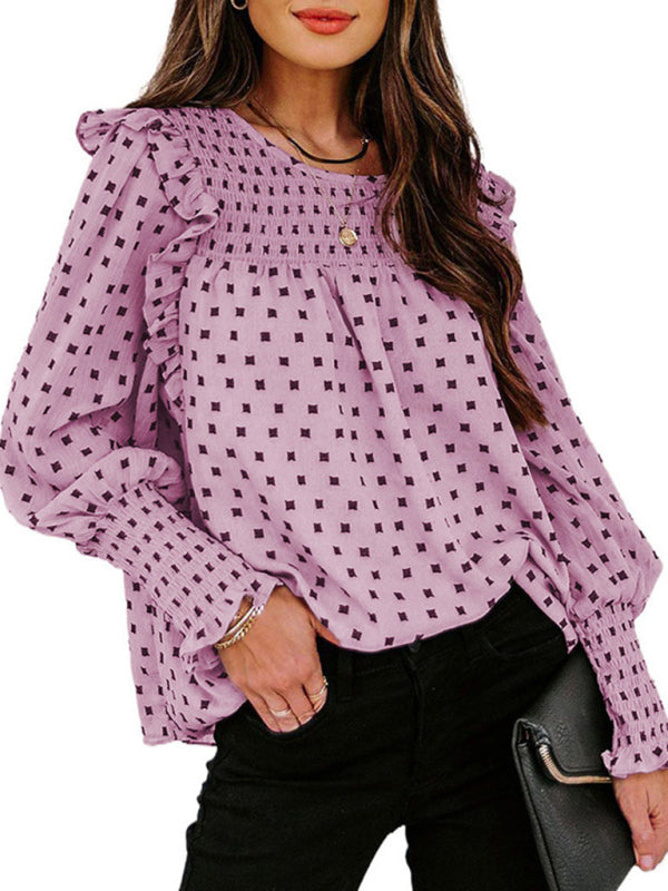 Ruffled Lantern Sleeve Polka Dot Chiffon Shirt Top BLUE ZONE PLANET