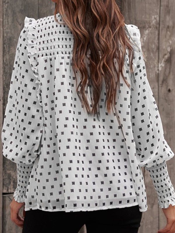 Ruffled Lantern Sleeve Polka Dot Chiffon Shirt Top BLUE ZONE PLANET