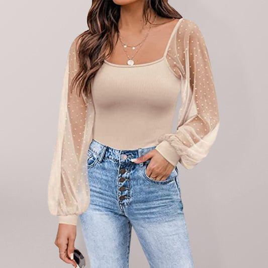 New Ladies Fashion Perspective Lantern Sleeve Stitching Slim Top-[Adult]-[Female]-Cracker khaki-S-2022 Online Blue Zone Planet