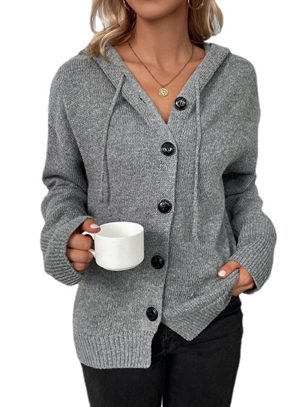 Grace's Solid Color Hooded Single-Breasted Drawstring Knit Cardigan BLUE ZONE PLANET