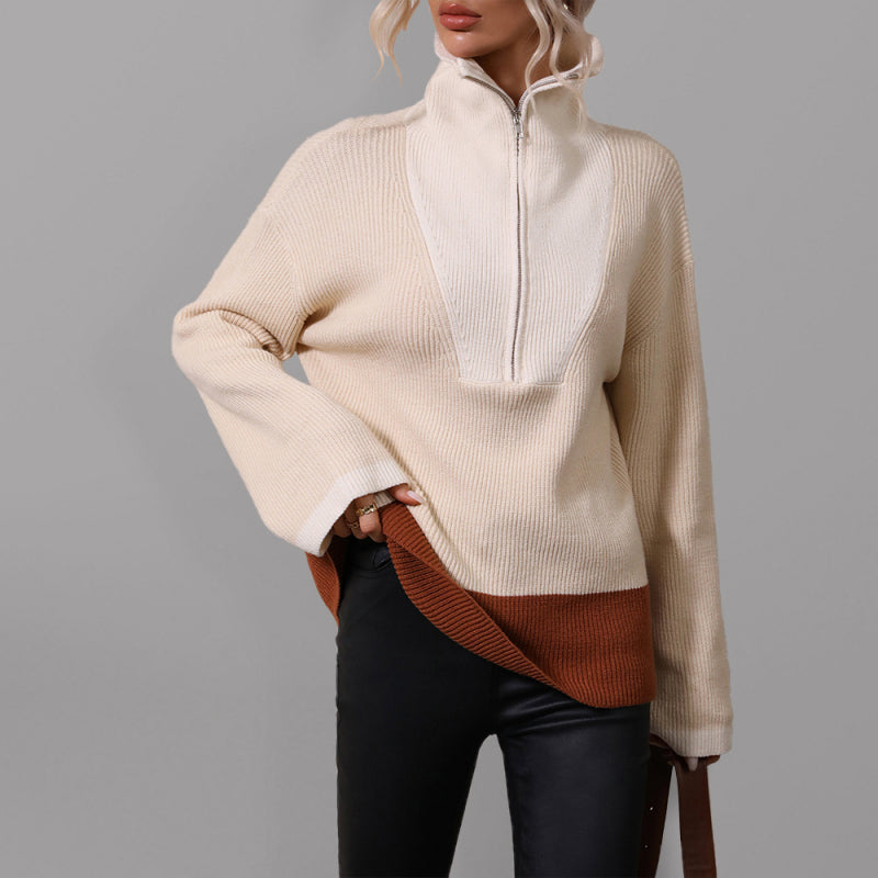 Pullover Color Block Knit Long Sleeve Zippered Sweater-[Adult]-[Female]-Cracker khaki-S-2022 Online Blue Zone Planet