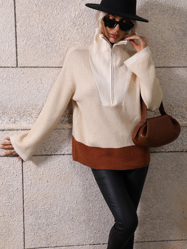 Pullover Color Block Knit Long Sleeve Zippered Sweater-[Adult]-[Female]-2022 Online Blue Zone Planet