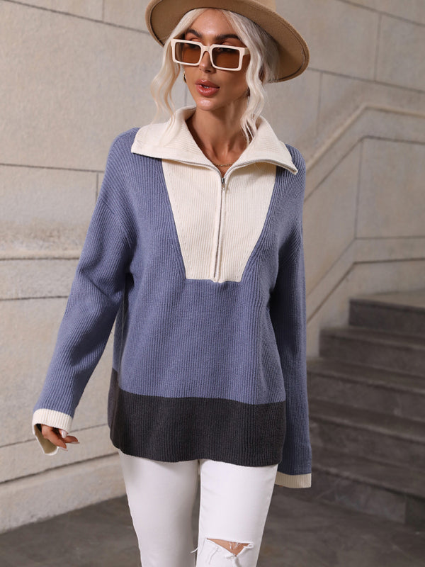 Pullover Color Block Knit Long Sleeve Zippered Sweater-[Adult]-[Female]-2022 Online Blue Zone Planet