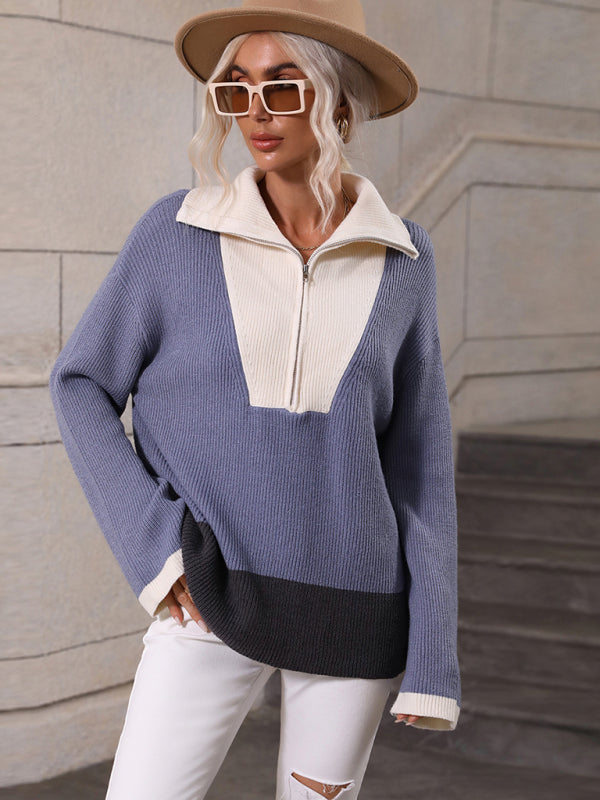 Pullover Color Block Knit Long Sleeve Zippered Sweater-[Adult]-[Female]-2022 Online Blue Zone Planet